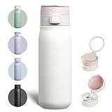 COKTIK Stainless Steel Water Bottle with Buit-in Silicone Carrying loop, Double Walled Vacuum Insulated water bottles with straw, Push & on Flip lid, Holiday Gift for Him Her, 24oz, White