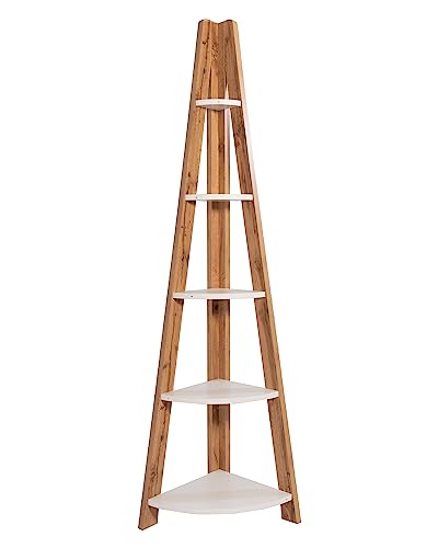 Image of DeckUp Plank TIVA Engineered Wood Corner Ladder Book Shelf (Wotan Oak & White, Matte Finish)
