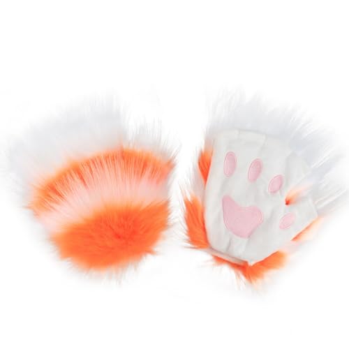 Surakey Cat Paw Gloves Costume for Adult 1 Pairs Plush Gloves Cosplay Cat Paw Fingerless Furry Faux Fur Animal Cat Paws Gloves (Orange and White)