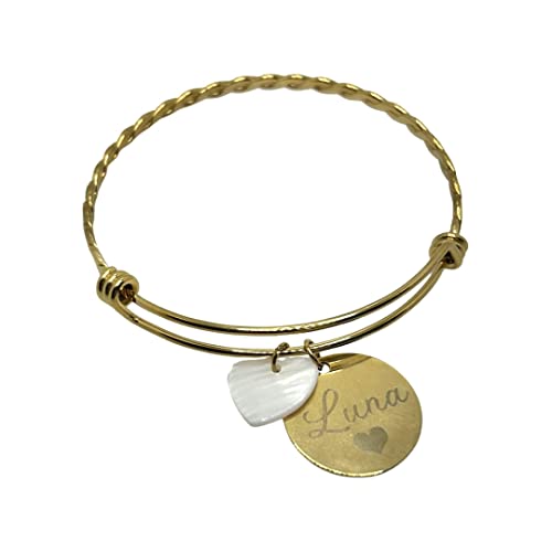 Bracelet jonc tressé avec médaillon personnalisé perles nacre étoile coeur - gravure motif lettre image au choix - or ou argent en acier inoxydable -...