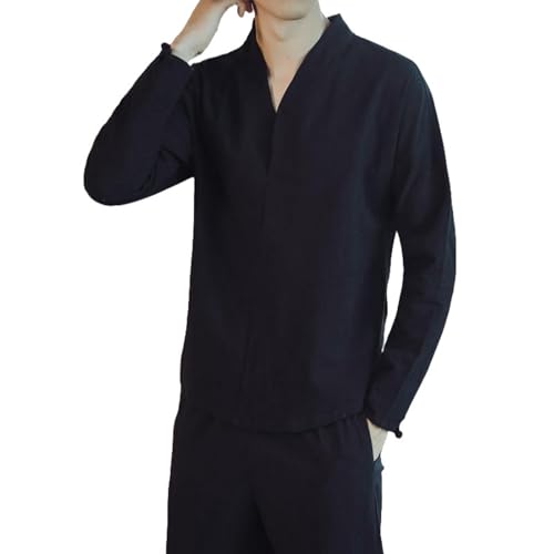 Chemise style chinois homme en coton lin uni et col V à manches longues