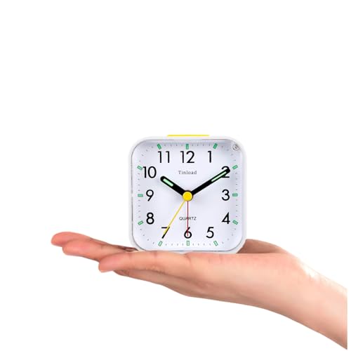 Image of Tinload Small Battery Operated Analog Travel Alarm Clock Silent Non Ticking, Gentle Wake, Ascending Beep Sounds, Snooze,Lighted on Demand, Easy Set(White)