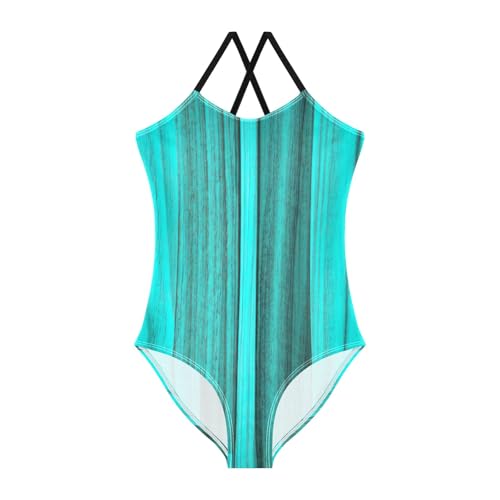 Turquoise Wood Texture Toddler Girl One Piece Swimsuit, Spaghetti Straps, Cross Back Design, Ages 3T