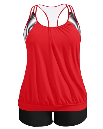 Image of Womens Plus Size Tankini Swimsuit Two Piece Tummy Control Bathing Suit | Blouson Racerback Tankini Top with Shorts, Double Up Design, Removable Pad