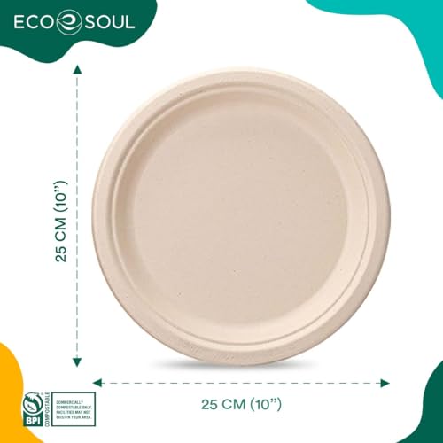 ECO SOUL Paper Plates (25Cm) 10" [100-Pack] Heavy Duty Compostable Sugarcane Bagasse Dinner Plates | Eco Friendly Biodegradable Disposable Plate for Dinner, Parties & Events