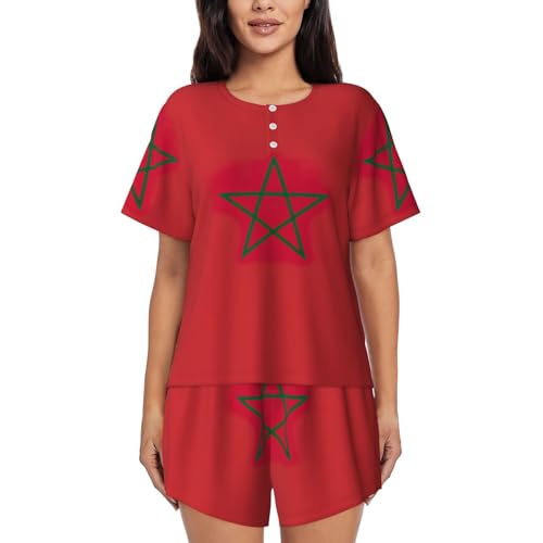 Pyjama Maroc femme 2 pièces ensemble court doux imprimé drapeau haut col rond et short confortable