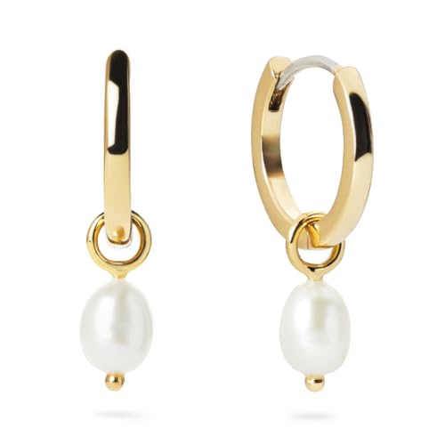 Image of Ana Luisa Frida Pearl Jewelry Huggie Hoops - Medium & Small 14K Gold Plated & Silver Rhodium Plated Drop Hoop Earrings with Freshwater Pearls - 2-in-1 Hypoallergenic Water-Resistant, Tarnish-Free Hoop