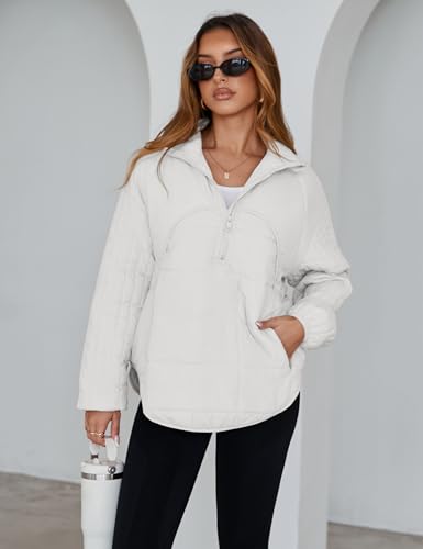 Daacee Women's Oversized Lightweight Quilted Pullover Jacket in White - Half Zip, Cozy & Chic, Sizes XS-2XL - Image 6