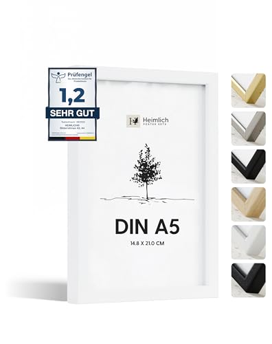 Heimlich® - Marco de fotos - A5 14,8 x 21 cm, Madera Ayous, Blanco - Marco para diploma, póster, collage con lámina de plástico - Para montaje en pared o sobremesa