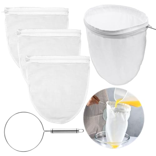 Sac a Lait Vegetal, 4 Pièces Sac à Lait de Noix avec 1 Poignées en Acier à Anneau, Sacs de Lait de Noix, Filtre Lait Vegetal Réutilisable, Filtre à Lait de Soja, Tissu Passoire, Tissu Filtrant