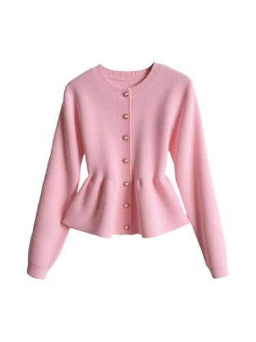 Verdusa Womens Old Money Clothes Button Up Cardigan Sweaters Cinched Waist Outerwear Formal Outfits Pink Large