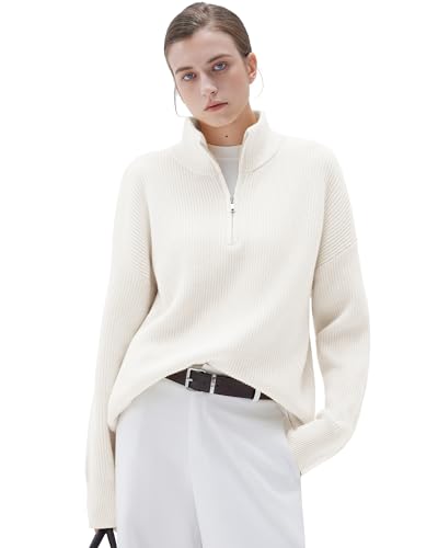 SUUKSESS Women Oversized Cashmere Blend Quarter Zip Pullover Sweater Long Sleeve Collared Ribbed Knit Jumper Tops (White, L)