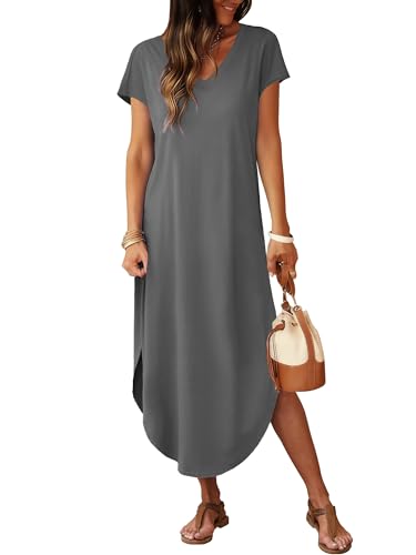 Image of RUMIA Summer Maxi Dresses for Women Cap Sleeve Long Sundress with Pockets