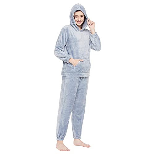 Image of CAMEY Women Winter Full Sleeve Top and Pajama Pants Regular Fit Night Suit Hooded Top and Pyjama Set Ladies Night Dress (Free Size, Blue)