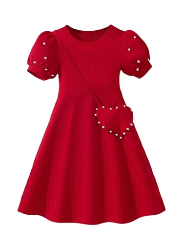 Girl's Pearls Dress Crewneck Puff Sleeve A Line Flared Dresses