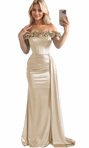 Off The Shoulder Prom Dresses for Women 3D Flower Satin Bridesmaid Dress with Tail Mermaid Evening Gowns