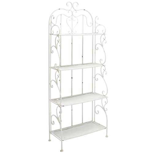 SAFAVIEH Outdoor - Tyrique Antique White Victorian Wrought Iron 4-Tier Shelf Unit, Metal Plant Stand Baker’s Rack, Decorative Patio Garden Storage, 24.8' W x 12.6' D x 65.8' H (PAT5033A)