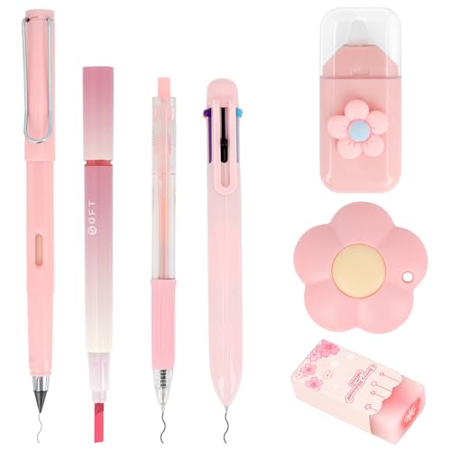 MOTIBACK Kugelstiftsatz Geschenkset 7-Teilig mit Ballpoint Stift Bleistift Gelstift Textmarker Universalmesser Korrekturband Radiergummi Schulbeginn für Saison Geschenk (Rosa)