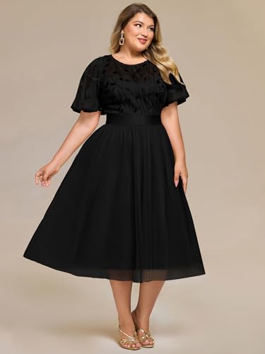 Image of Ever-Pretty Plus Women's Round Neck Embroidery Short Sleeves Sequin Tulle Midi Plus Size Cocktail Wedding Guest Dresses Black US16