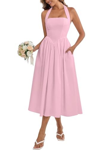 Image of Parthea Women's Floral Halter Corset Midi Dress 2026 Elegant Smocked Flowy Wedding Guest Dresses with Pockets