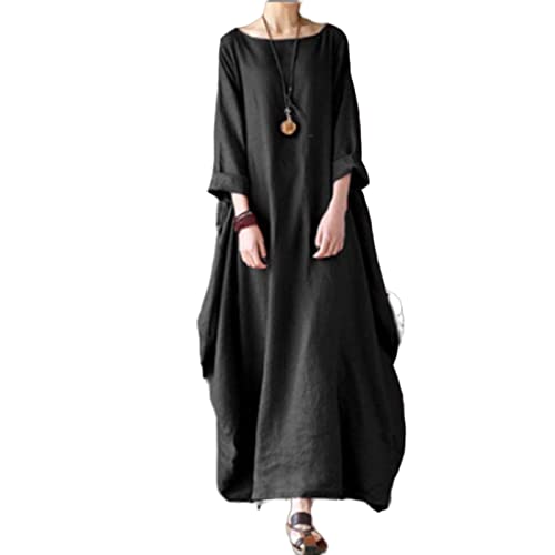 MOGSA Vestido largo de primavera suelto cuello redondo manga media grande swing algodón lino vestido largo negro XXL