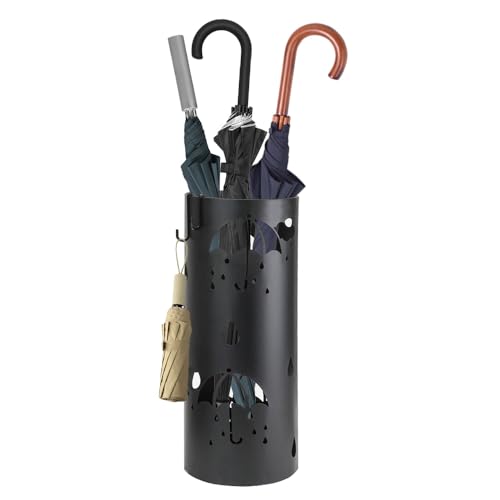 TIE-DailyNec Regenschirmständer aus Metall, Schwarz Runder schirmständer, Wasserdichtes Umbrella Stand mit 2 Haken, Geeignet für den Hauseingang, das Büro, das Geschäft, 16x40cm