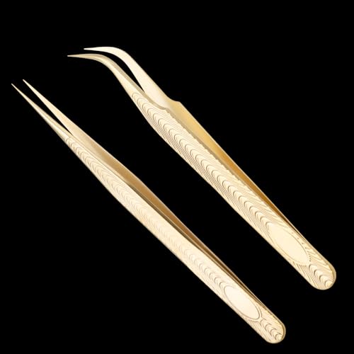 Miuffue Straight and Curved Pointed Tweezers for Eyelash Extension, 2 PCS Lash Tweezer Set, Stainless Steel Professional Eyelash Extension Tweezers for Volume, Isolation and Classic Lashes