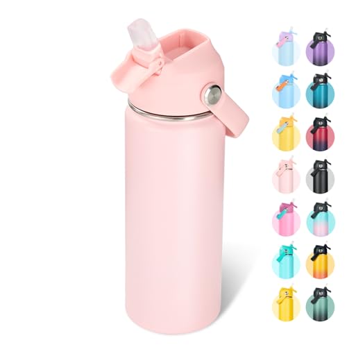 Fijinhom 18oz Insulated Stainless Steel Water Bottle, Wide Mouth Double Wall Vacuum, Silicone Straw, Sweat & Leak Proof, BPA Free Insulated Water Flask for Travel, Keep Cold 24h Hot 12h, Coral Pink