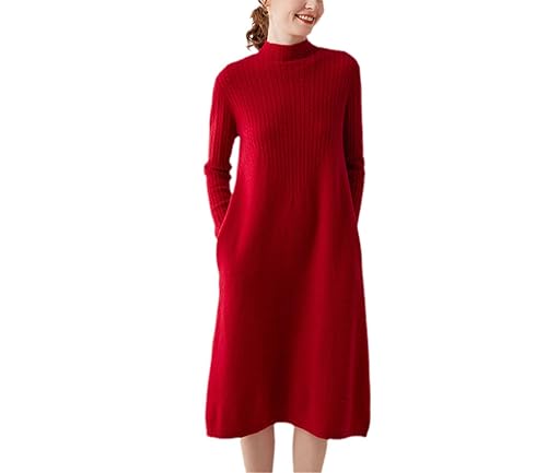Kiioouu Women's Cashmere Sweater Half-High Collar Mid-Length Women's Over-The-Knee Jumper Dress Pullover Long Sweater Drees Wine red XL