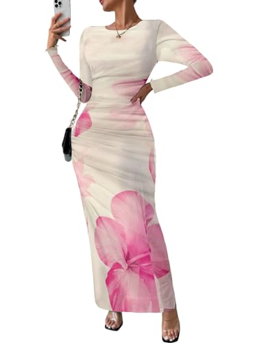 Image of MARZXIN Women Long Sleeve Maxi Dress Bodycon Ruched Formal Slim Fit Tie Dye Dress Formal Mesh Dress
