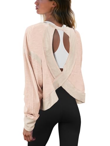 Panadila Womens Open Back Workout Top Long Sleeve Athletic Shirts Casual Crop Running Tee Y2k Yoga(Apricot,M)