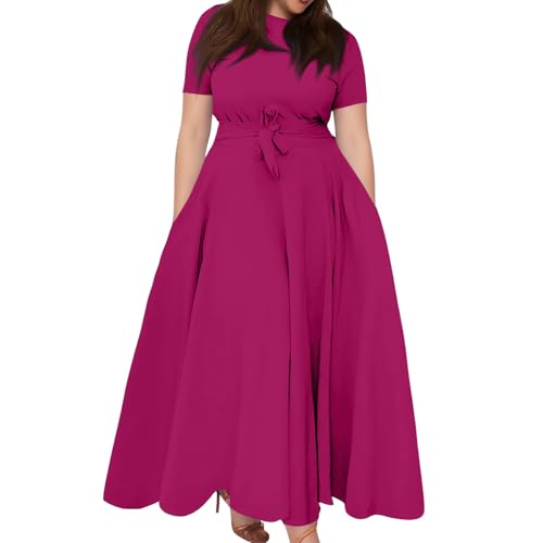 MOKBAY Robes de Soirée Droite Robe de Soiree Robes Rose Pourpre Dress col Rond Tenue de Soiree Femme Manches Courtes Robe Été Femme Longue Rose Pourpre 5XL
