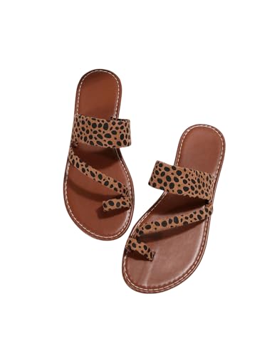 Floerns Womens Cheetah Toe Ring Flat Sandals Open Toe Strappy Summer Slip on Slides Brown 8
