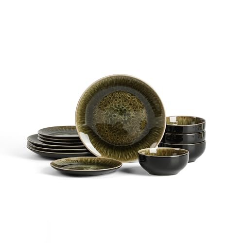 Image of Stone Lain Riley 12-Piece Dinnerware Set Stoneware, Plates and Bowls Set, Dishwasher and Microwave Safe, Dish Set for 4, Black and Green