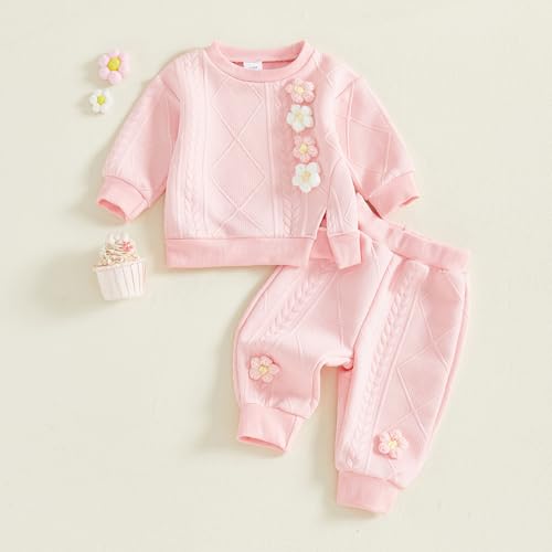 Toddler Baby Girl Outfits Long Sleeve Solid Sweatsuit Pants 2 Piece Clothes Fall Winter Infant Sweater Set 3M-5T (Pink, 3-6 Months)