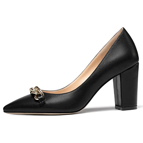WAYDERNS Women's Gold Metal Chain Matte Slip On Pointed Toe Block High Heel Pumps Shoes 3.5 Inch2