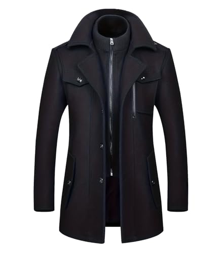 Image of FTIMILD Mens Wool Blend Coat with Detachable Collar Two Collar Single Breasted Pea Coat Business Trench Coat