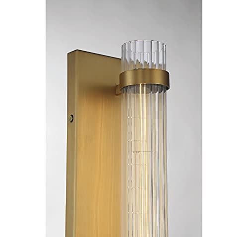 Image of Savoy House 9-996-1-322 Willmar Industrial Modern Clear Ribbed Glass Rectangular Wall Sconce, 1-Light 60 Watt, 16 inch H x 5 inch W, Warm Brass