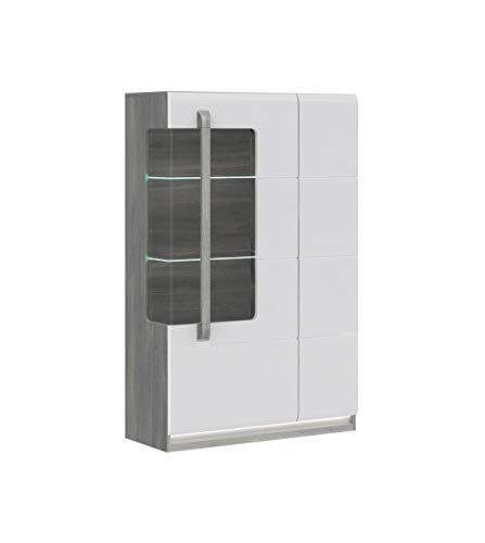 Meuble vitrine 2 Portes Blanc laqué et décor chêne Gris avec éclairage LED - Design Contemporain - Collection ALEXIANE