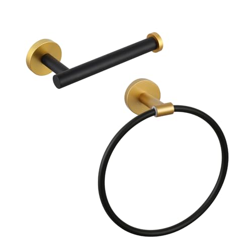 GERZWY 2 Piece Bathroom Hardware Set Stainless Steel Towel Ring and Toilet Paper Holder Wall Mounted (Black & Gold)