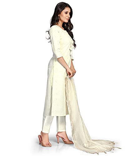 Image of Rajnandini Women's Pure Cambric Cotton Embroidered Kurta Set With Dupatta (JOPLVL214-S Off-White S)