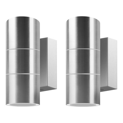 Image of Kerry Outdoor Wall Lights, IP65 Waterproof Up Down Outside Lighting Mains Powered, Silver Stainless Steel Wall Sconce, External Wall Mount Lamp for Front Door, Porch - 2 Pack (Bulb not inc.)