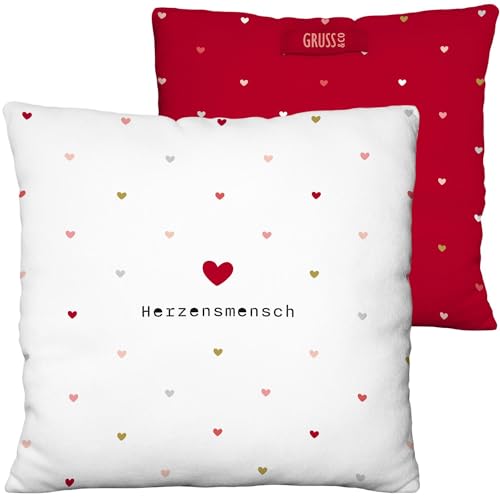 Gruss & CO Plüschkissen mit Motiv Herzensmensch | Zierkissen mit Wendemotiv, 25 cm x 25 cm, 100% Polyester | Geschenk, Valentinstag, Dekoartikel | 73798