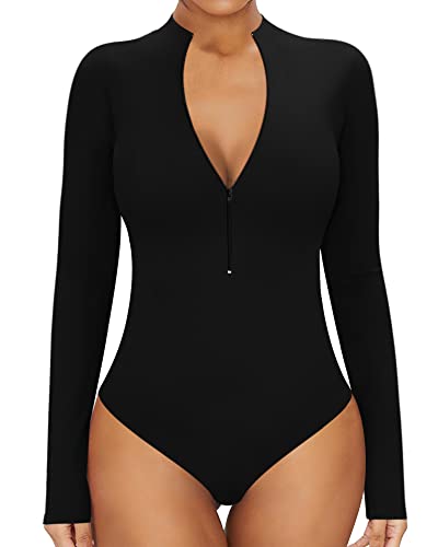 MANGOPOP Womens Sexy Zipper Front T Shirt Mock Neck Long Sleeve Bodysuit Jumpsuits (B Long Sleeve Black, X-Small)