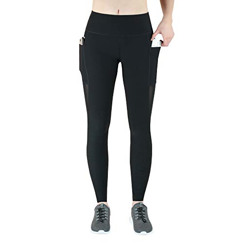 Legging de Sport Long avec empiècement en Maille Filet et Poches Pantalon de Course pour Femme Opaque Fitness Tech Mesh Pocket Taille Haute Tummy Smartphone Téléphone Portable en Maille Filet Noir XS