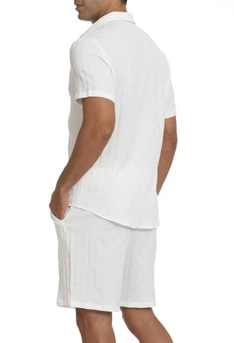 QJQ Men's 2 Piece Outfits Short Sleeve Button Down Shirts Texture Shorts2