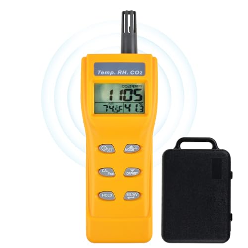 DANOPLUS Medidor de CO2 de mano, detector de CO2, monitor digital de CO2 de 0 a 9999 ppm, medidor de temperatura y humedad, detector de dióxido de carbono con sensor NDIR, alarma de zumbador y función
