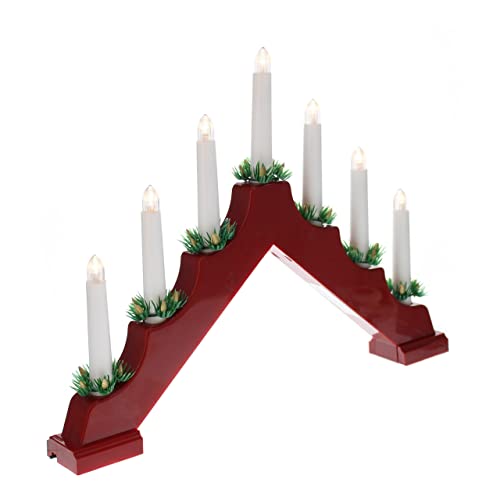 Festive Christmas Static 7 LED RED Wood LED CANDLE ARCH/CANDLELIER/bridge - Battery with Timer