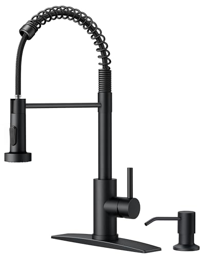 Image of FORIOUS Black Kitchen Faucet with Soap Dispenser, Single Handle Stainless Steel Spring Sink Faucet with Pull Down Sprayer Transitional for Pot Filler, Farmhouse Camper Bar Laundry Room