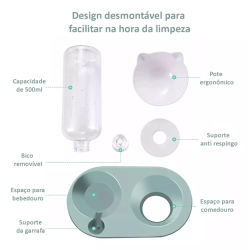 Bebedouro e Comedouro para Gatos 2 em 1, com garrafa 500ml, tigela inclinada antivômito, base alta,